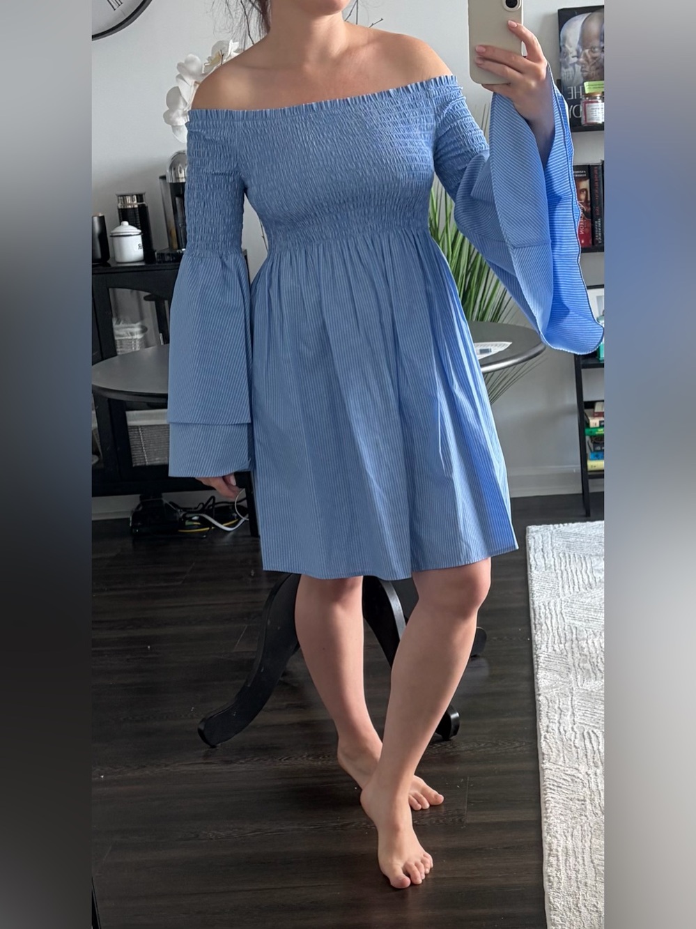 Blue Off-Shoulder Smocked Skirt Dress
